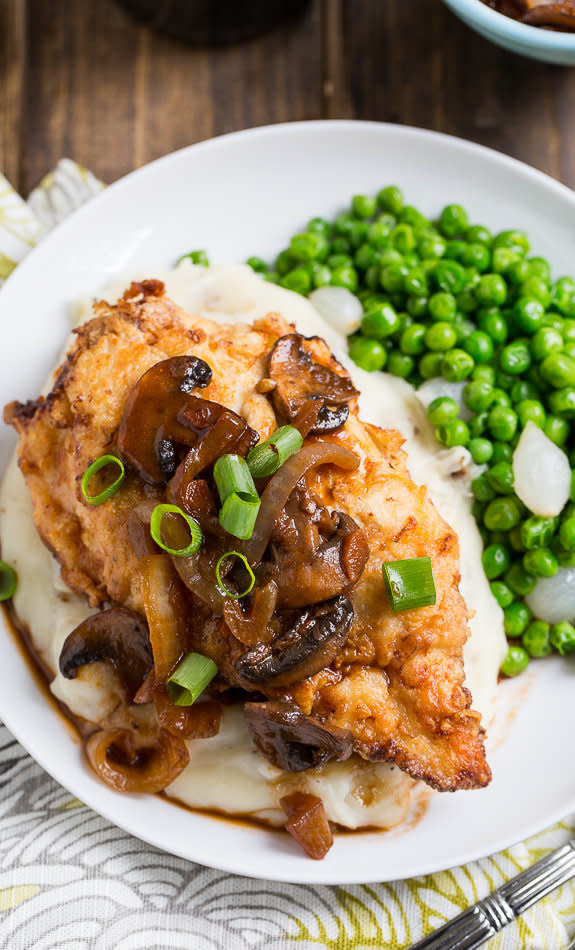 <strong>Get the <a href="http://spicysouthernkitchen.com/southern-fried-chicken-breasts-cremini-sweet-onion-gravy/" target="_blank">Southern Fried Chicken Breasts recipe</a>&nbsp;from Spicy Southern Kitchen</strong>
