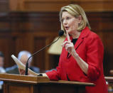 FILE - In this Feb. 26, 2019 file photo, Georgia House Speaker Pro Tem Jan Jones, a Milton Republican, speaks in favor of a bill to buy a $150 million election system. Jones is one of five House Republicans who on Friday, July 30, 2021 sent a letter to the State Election Board demanding a performance review that could lead to a state takeover of Fulton County elections (Bob Andres/Atlanta Journal-Constitution via AP, File)