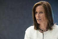 In this Wednesday, July 31, 2019, photo NASDAQ President and Chief Executive Officer Adena Friedman speaks during an interview at NASDAQ headquarters in New York. The U.S. stock market has thousands fewer companies to choose from, and that’s doing a disservice to regular investors, says Friedman. In a recent conversation with the AP, she discussed what’s behind the trend and how it could be exacerbating income inequality. (AP Photo/Mary Altaffer)