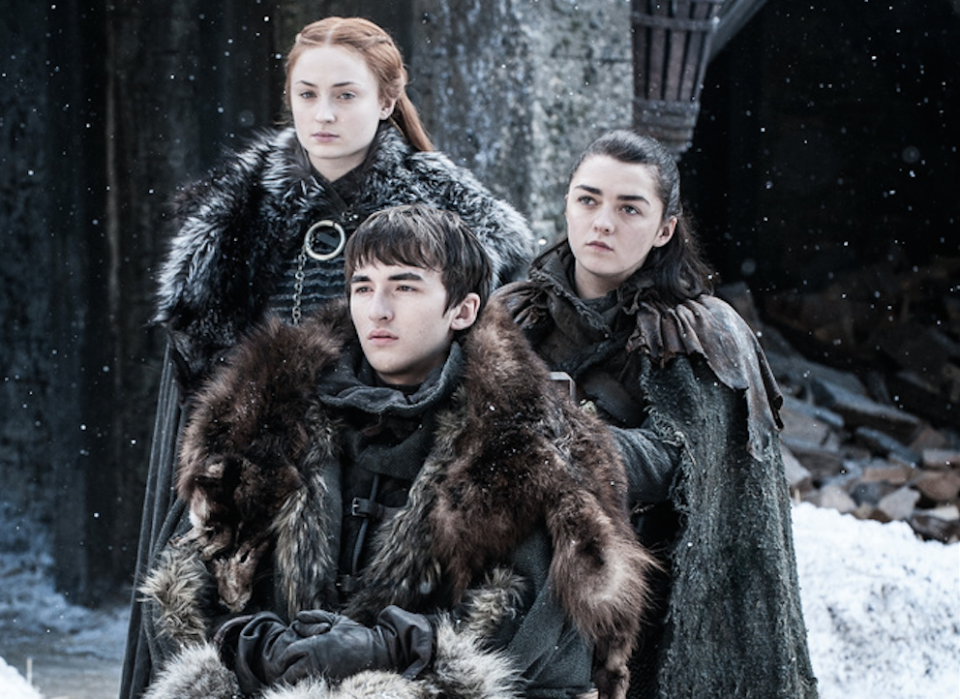 Sophie Turner, Isaac Hempstead Wright and Maisie Williams in <em>Game of Thrones</em>