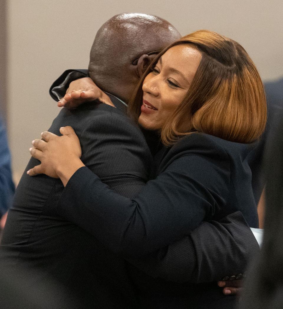 Tutonial "Toni" Williams, Memphis-Shelby County Schools current chief financial officer, is hugged after she is selected as interim superintendent by the school board Tuesday, Aug. 30, 2022, in Memphis. The board voted 8-0 to elect Williams. 