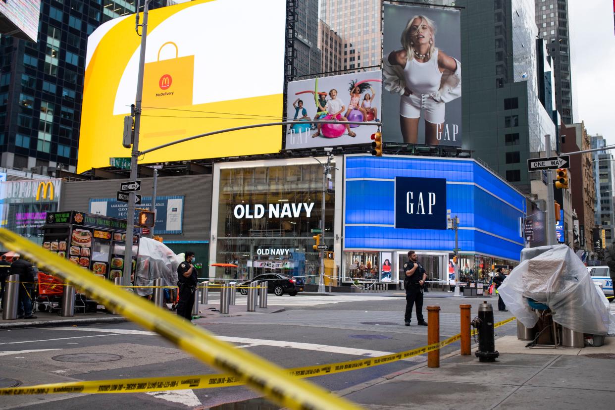 Broadway is closed while the police investigate a shooting in Times Square on Saturday, May 8, 2021.