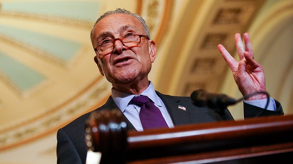 Majority Leader Charles Schumer (D-N.Y.) addresses reporters after the weekly policy luncheon on Tuesday, September 14, 2021.