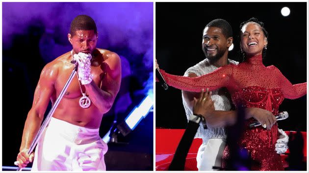 usher did not disappoint with his Super Bowl half-time show performance!  Starting off in a custom bejewelled white @dolcegabbana suit wi