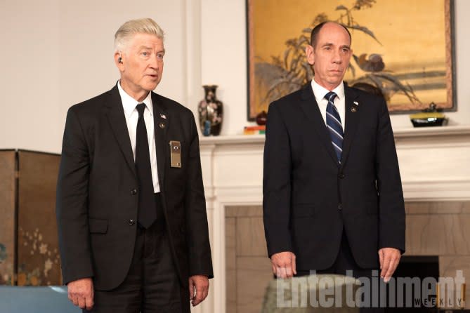 Co-creator and director David Lynch and the late Miguel Ferrer – Credit: Showtime.