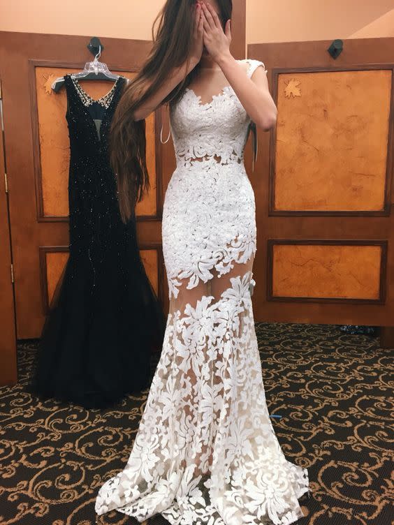 Off the shoulder and sleeved, this custom made lace creation is seriously beautiful.