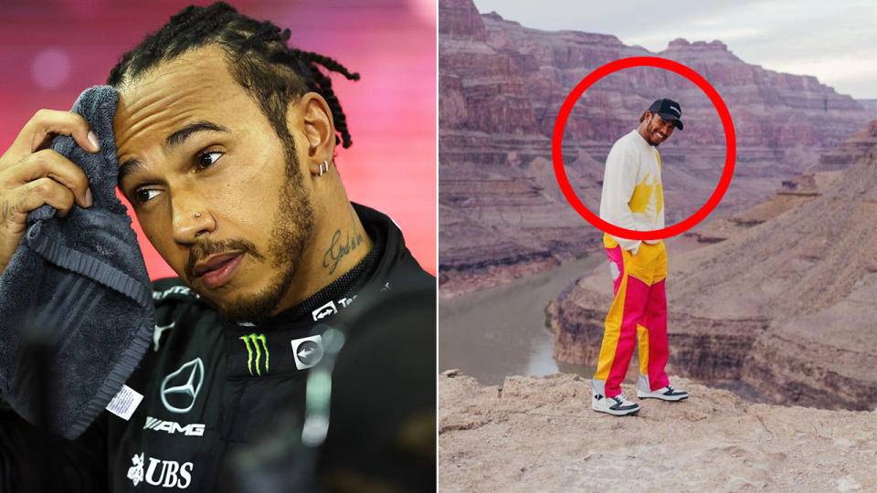 Lewis Hamilton's social media post (R) has sent his millions of followers into a frenzy. Pic: Getty/Instagram