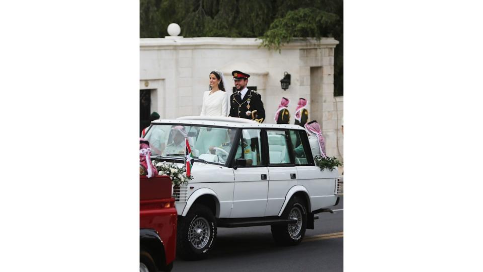 AMMAN, JORDAN- JUNE 01: Jordan Crown Prince Al Hussein and Princess Rajwa Al Hussein depart Zahran palace during their wedding on June 01, 2023 in Amman, Jordan. Al Hussein bin Abdullah, Crown Prince of Jordan, is the son of King Abdullah II bin Al-Hussei