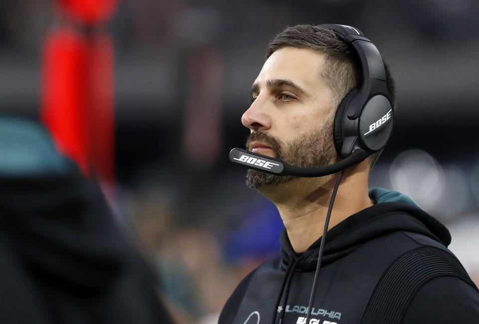 Eagles head coach Nick Sirianni has led his team to a surprise playoff appearance, but he isn't getting much consideration for Coach of the Year. (Photo by Steve Marcus/Getty Images)