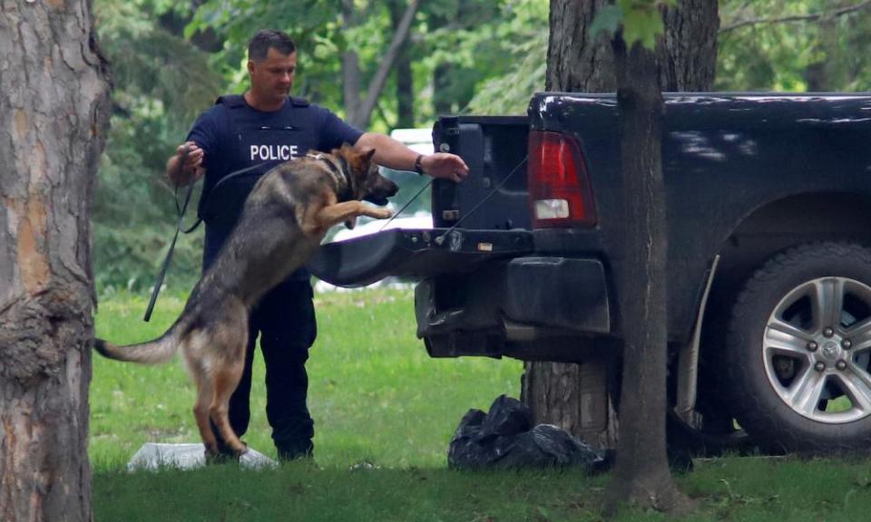 A police dog searches a vehicle at Rideau Hall.