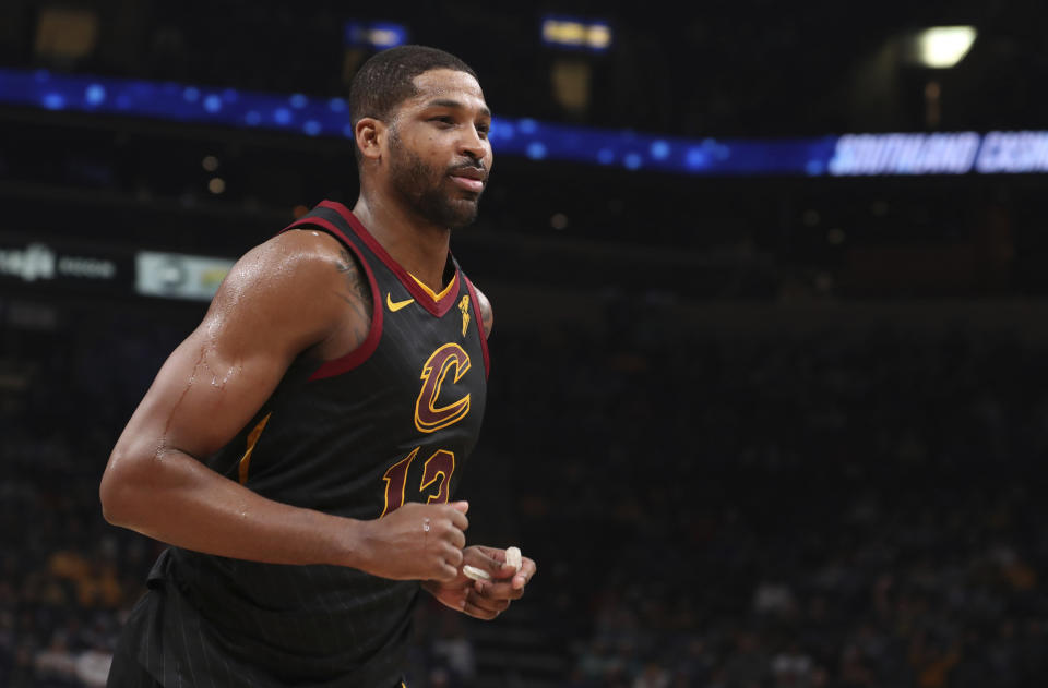 Cleveland Cavaliers forward Tristan Thompson (13) heads to the locker room after being ejected during the second half of the team's NBA basketball game against the Memphis Grizzlies on Friday, Jan. 17, 2020, in Memphis, Tenn. (AP Photo/Karen Pulfer Focht)