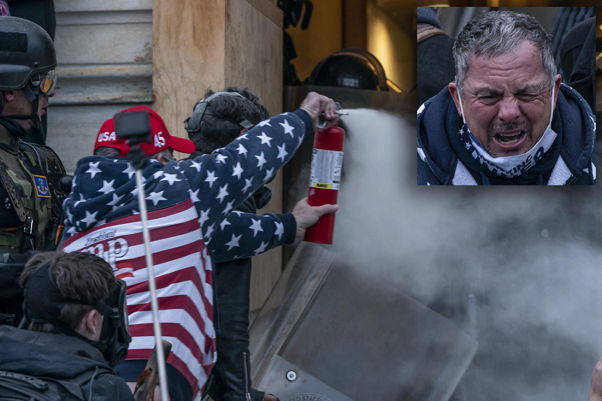 Robert Palmer sprays a fire extinguisher toward police on Jan. 6, 2021. (Photo illustration: Yahoo News; photos: Lev Radin/Pacific Press via ZUMA Wire)