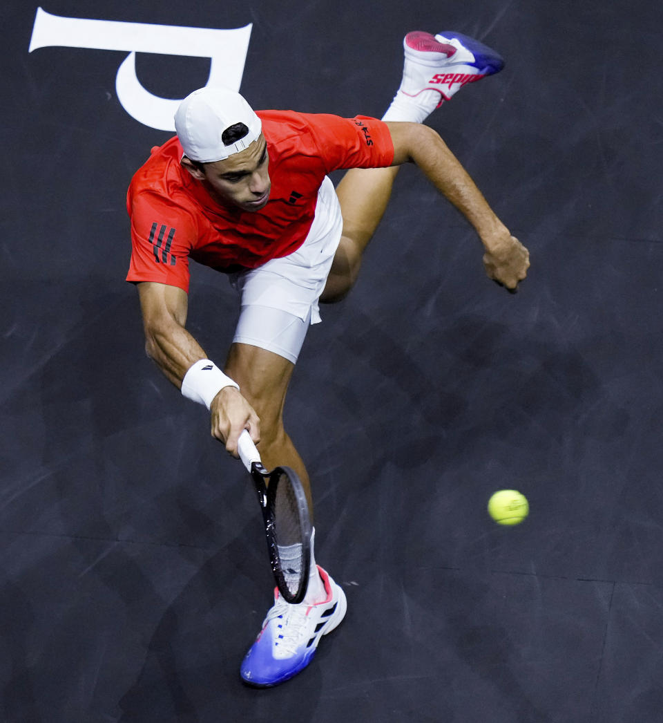 Team World's Francisco Cerundolo returns to Team Europe's Alejandro Davidovich Fokina during a Laver Cup tennis match Friday, Sept. 22, 2023, in Vancouver, British Columbia. (Darryl Dyck/The Canadian Press via AP)