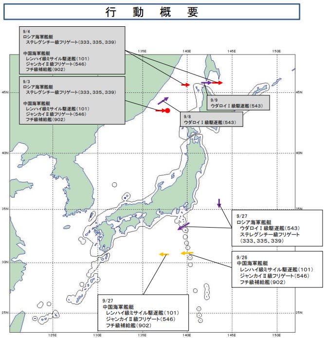 日本防衛省統合幕僚監部發布監控報告，26日晚間起陸續發現中俄7艘中俄軍艦行經伊豆群島海域。   圖：翻攝統合幕僚監部官網