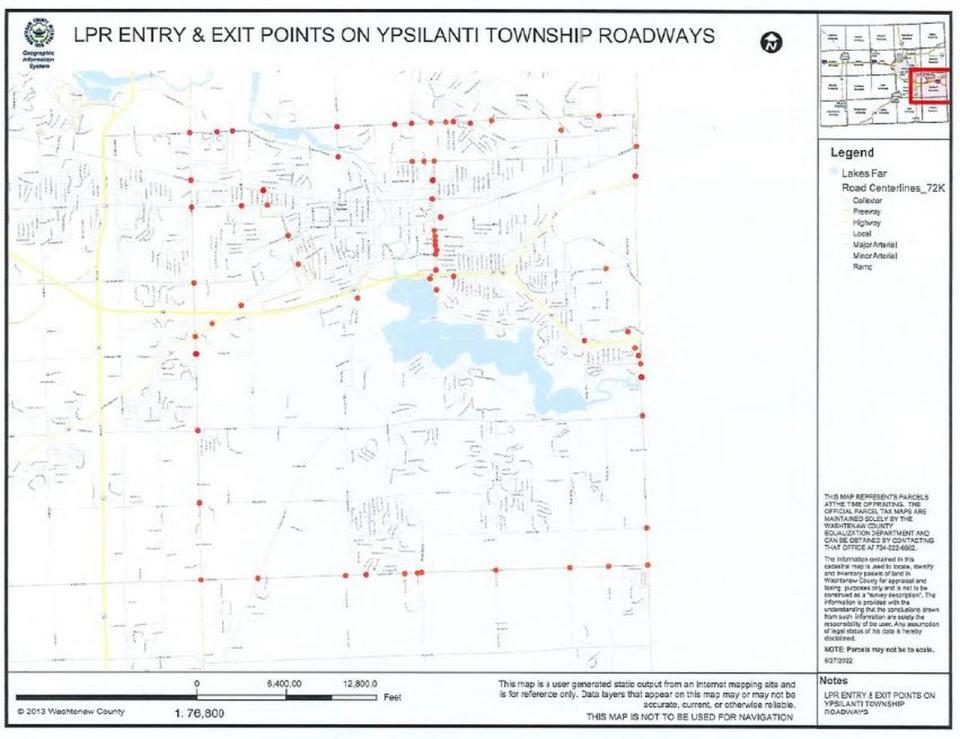 A map of proposed LPR locations from a June 15, 2022 update memo from Ypsilanti Township.