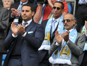 Manchester City's chairman Khaldoon Al Mubarak (L) applauds before the English Premier League football match between Manchester City and Queens Park Rangers at The Etihad stadium in Manchester, north-west England on May 13, 2012. AFP PHOTO/PAUL ELLIS RESTRICTED TO EDITORIAL USE. No use with unauthorized audio, video, data, fixture lists, club/league logos or “live” services. Online in-match use limited to 45 images, no video emulation. No use in betting, games or single club/league/player publications.PAUL ELLIS/AFP/GettyImages