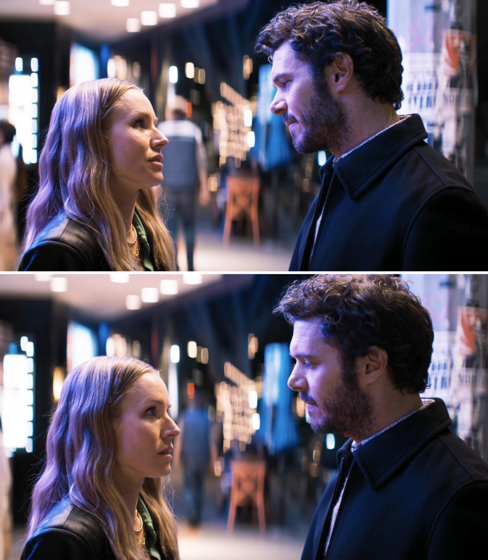 A scene from "Nobody wants that" with Noah and Joanne in conversation, lit by a street lamp