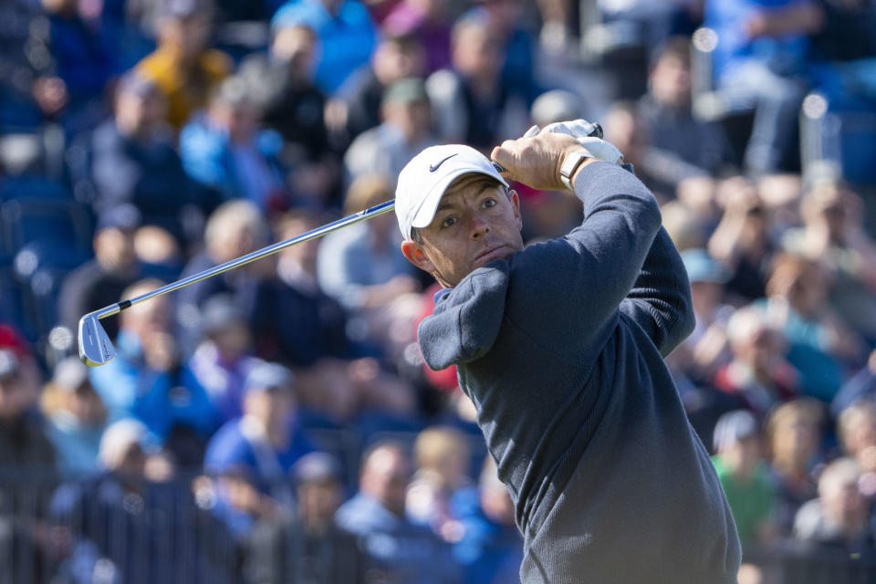 Rory McIlroy hits his tee shot on the fourth hole during a practice round of The Open Championship golf tournament at Royal Liverpool. Mandatory Credit: Kyle Terada-USA TODAY Sports