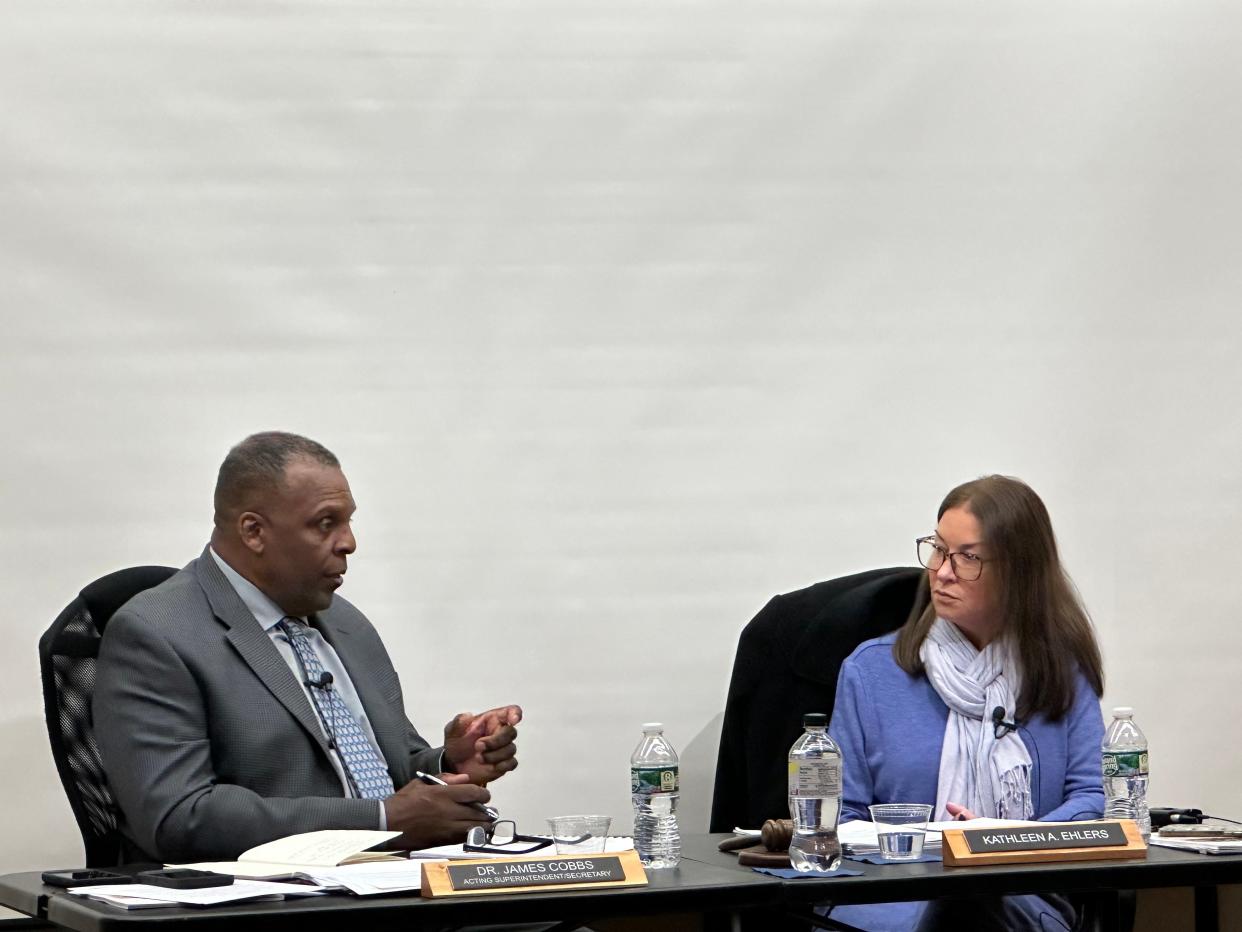 Brockton's Acting Superintendent James Cobbs and School Committee Vice-Chair Kathleen Ehlers discuss staff shortages in the school district at a meeting on Nov. 14, 2023 at Arnone Elementary School.