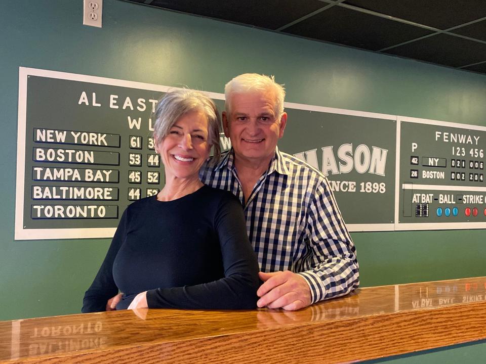 Husband and wife duo Natalie and Rob Anderson, seen here on Wednesday, Jan. 17, 2024, owners of Home Plate Bay Street Grill in Taunton, have sold the restaurant and will be retiring together.
