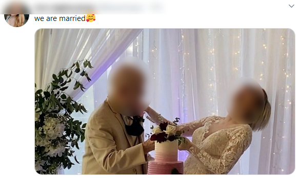 Image of Tweet with photo of wedding between 89-year-old dementia patient and 19-year-old teen wife