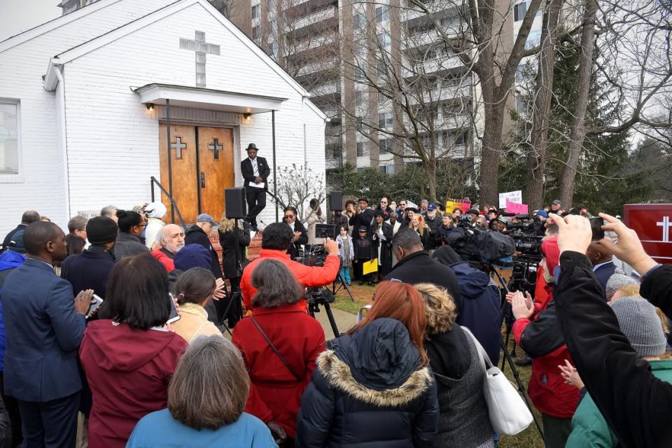 <div class="inline-image__caption"><p>A few hundred people gather outside Macedonia Baptist Church in a rally and march to try to preserve African American heritage on Feb. 12, 2017 in Bethesda, MD.</p></div> <div class="inline-image__credit">Katherine Frey/The Washington Post via Getty Images</div>