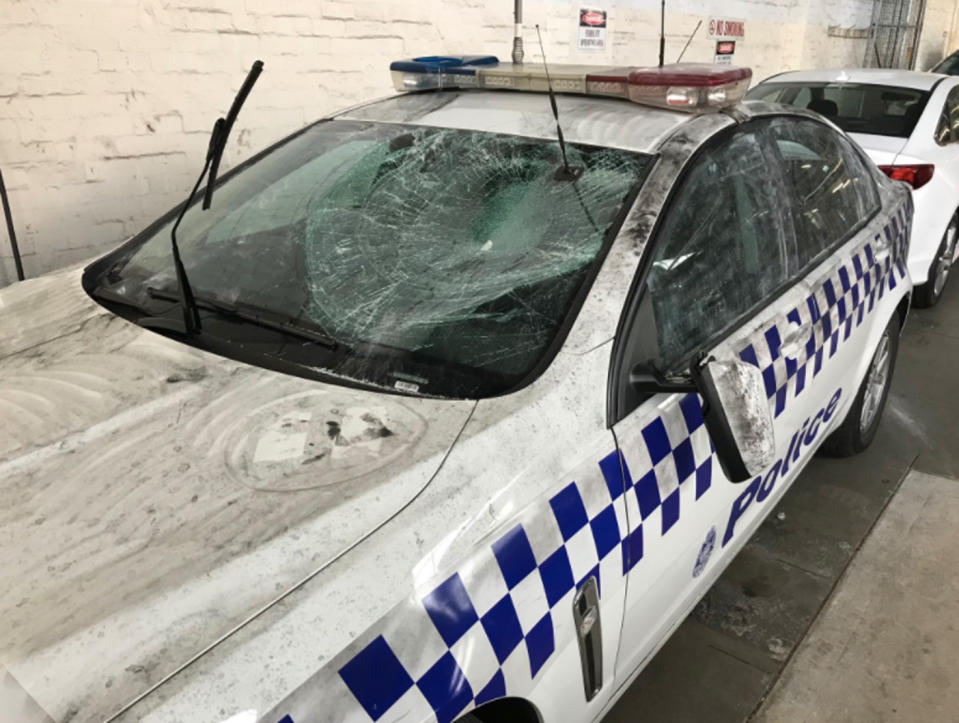 The cars were damaged when police responded to a party in North Melbourne. Source: @pauldowsley7/ Twitter