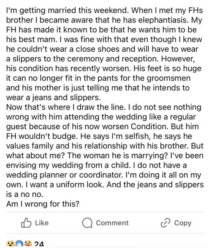 Image summarizing a long text post about a person's frustration with their brother's demands and behavior in relation to their upcoming wedding