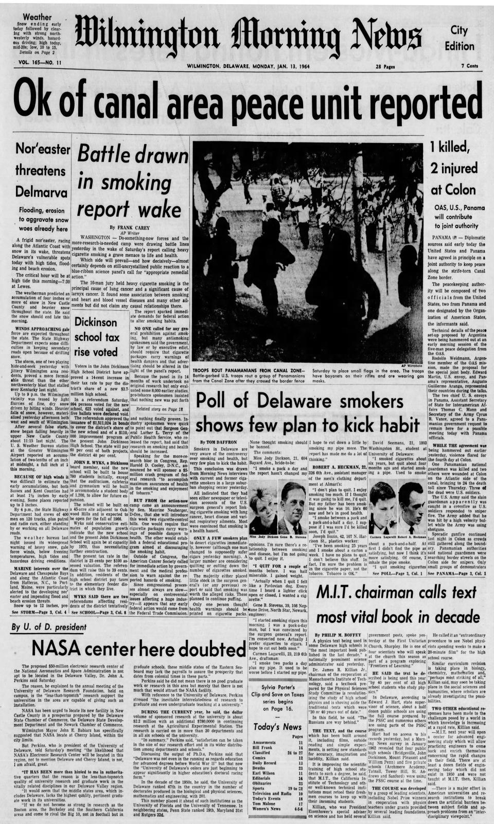 Front page of the Wilmington Morning News from Jan. 13, 1964.