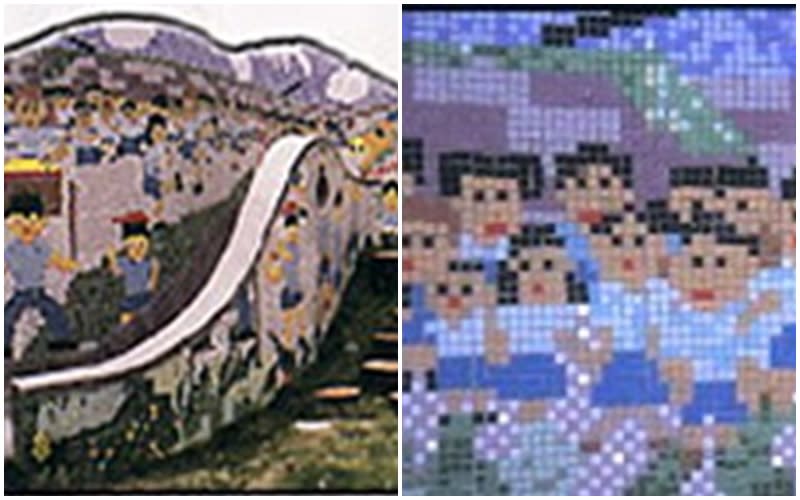 台北市日新國小學童在1995年集體創作完成公共藝術「兒童的繽紛世界」，如今面臨拆除危機。（圖取自臺北市政府捷運工程局網站）