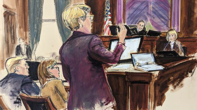 In this courtroom sketch, E. Jean Carroll, right, is questioned by her lawyer Roberta Kaplan, center, in New York federal court while Donald Trump sits to the left side with his legal team on Jan. 17. 