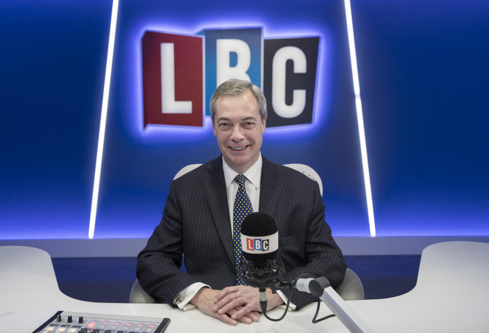 LONDON, ENGLAND - JANUARY 05:  Nigel Farage joins LBC where he will present his own nightly show 'The Nigel Farage Show' which starts on January 9th 2017 at LBC Studio on January 5, 2017 in London, England.  (Photo by John Phillips/Getty Images)