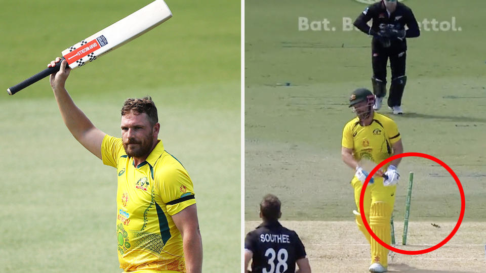 Aaron Finch waves to the crowd on the left, while the moment he is bowled is shown on the right.