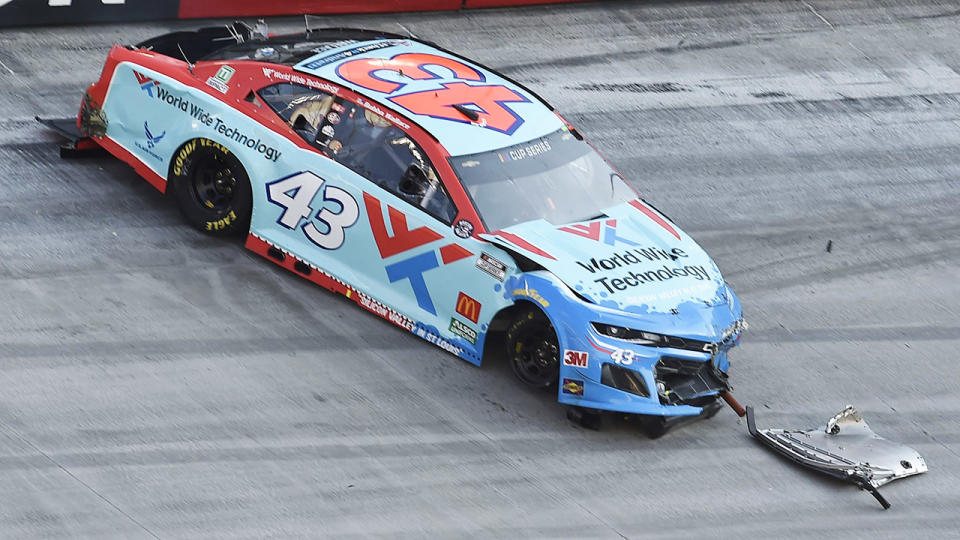 Bubba Wallace, pictured here after crashing in the NASCAR Cup Series All-Star Open.