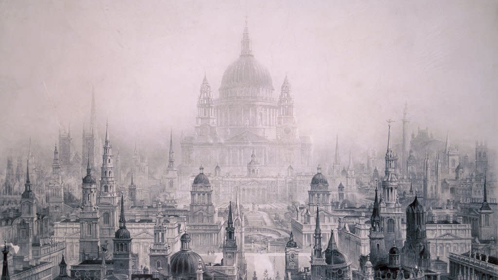 Ciudad de ensueño de los edificios de Christopher Wren, 1842. Artista: William Richardson