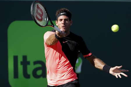 Mar 25, 2018; Key Biscayne, FL, USA; Juan Martin del Potro of Argentina hits a forehand against Kei Nishikori of Japan (not pictured) on day six of the Miami Open at Tennis Center at Crandon Park. Del Potro won 6-2, 6-2. Geoff Burke-USA TODAY Sports