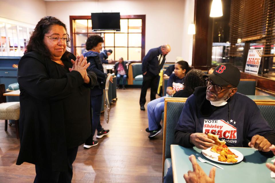 Brockton Ward 7 Councilor Shirley Asack, left, thanks supporters at the Westgate Pub in Brockton after her campaign for 11th Plymouth District state representative came up short on Tuesday, Sept. 6, 2022.