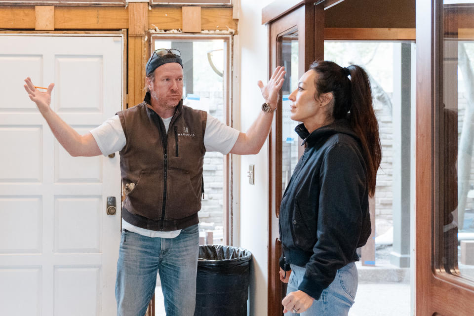 Hosts, Chip and Joanna Gaines discuss the progress of staircase, as seen on Fixer Upper: The Lakehouse.