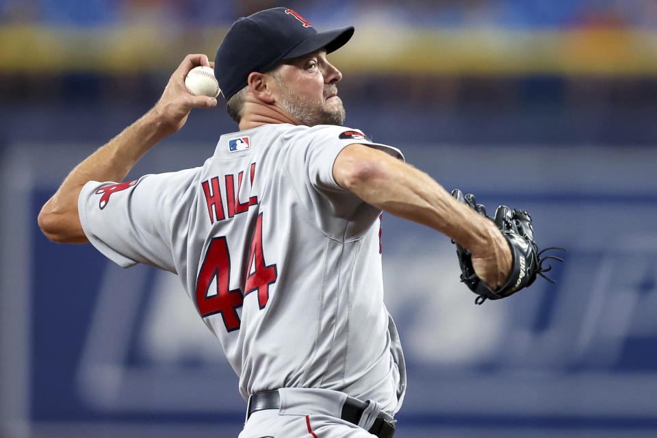 Boston Red Sox starting pitcher Rich Hill throws to a Tampa Bay Rays batter during the first inning of a baseball game Tuesday, Sept. 6, 2022, in St. Petersburg, Fla. (AP Photo/Mike Carlson)