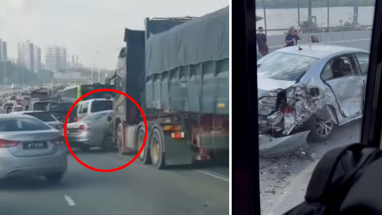 Videos circulating online show a dump truck slowly rolling down the road and into vehicles in its path. (PHOTOS: Facebook / Danny Yoong, Derrick Foo)