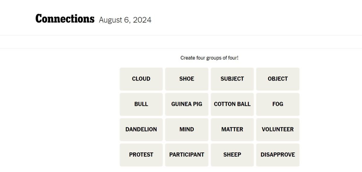 <em>Today's NYT Connections puzzle for Tuesday, August 6, 2024</em><p>The New York Times</p>