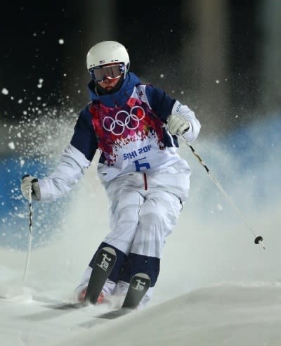 Bradley Wilson of the United States practices during training for Moguls competition at the Extreme Park at Rosa Khutor Mountain