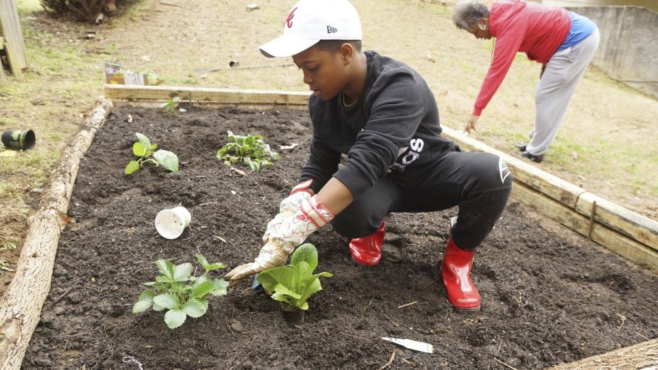 In this March 22, 2020 photo, Ezra Gandy works in a garden at his home in South Fulton, Ga., with his grandmother Melanie Nunnally. As the arrival of spring coincides with orders to stay at home and out of crowds, the backyard garden offers families a beneficial activity and has become a getaway for the mind in chaotic times. (Brittaney Nunnally via AP)