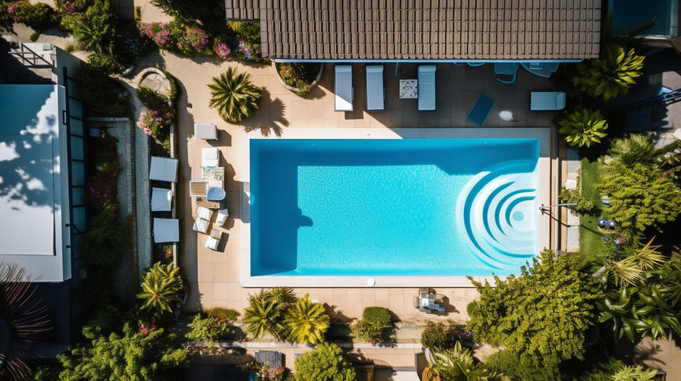 An aerial view of a real estate property with a pool in the backyard.