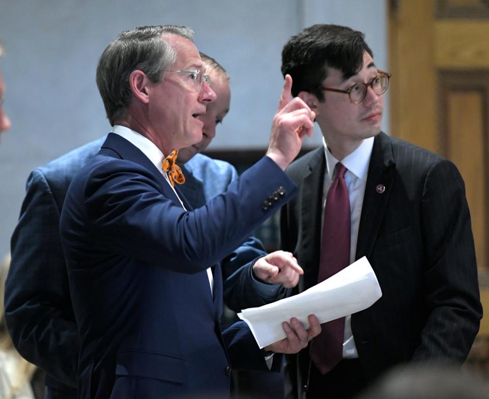 Senator Bo Watson explains a corrected fiscal note regarding HB939-SB 795 during session in Nashville on Wednesday, May 1, 2019.