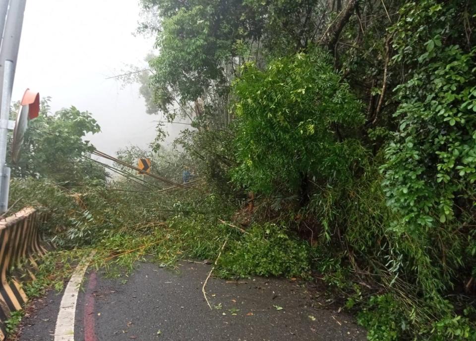 高雄市桃源區南橫公路梅山口路段因大雨造成邊坡坍方，雙向道路阻斷無法通行；交通部公路局南區養護工程分局甲仙工務段搶修廠商現場清除落石中，預計3日上午10時清理完成。（圖／甲仙工務段提供）