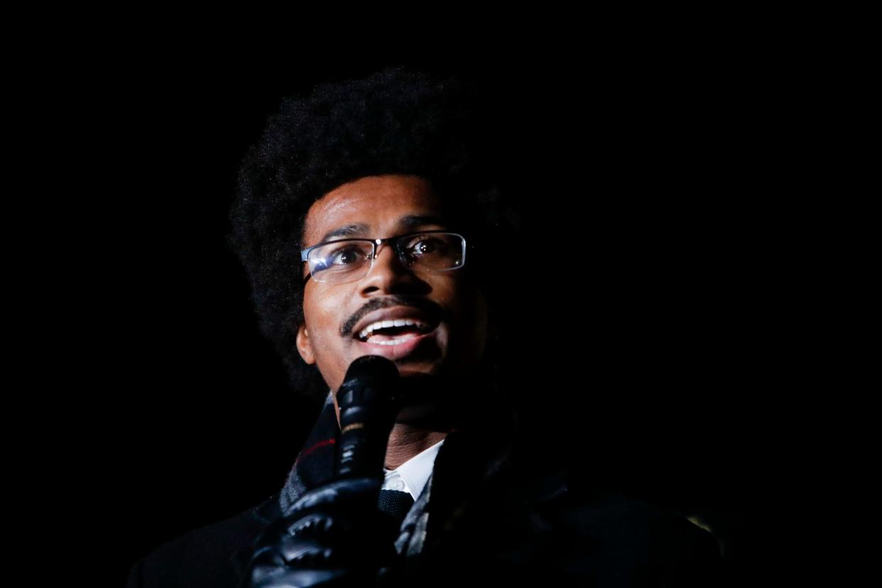 State Rep. Justin Pearson speaks during a candlelight vigil for Tyre Nichols held at the site where he was beaten to death by Memphis Police Department officers on the one year anniversary of his death in Memphis, Tenn., on Sunday, January 7, 2024.