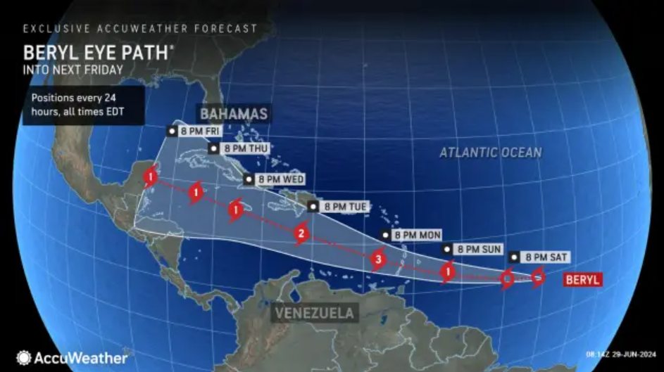 Projected path of Tropical Storm Beryl as of Saturday morning, June 29, 2024.