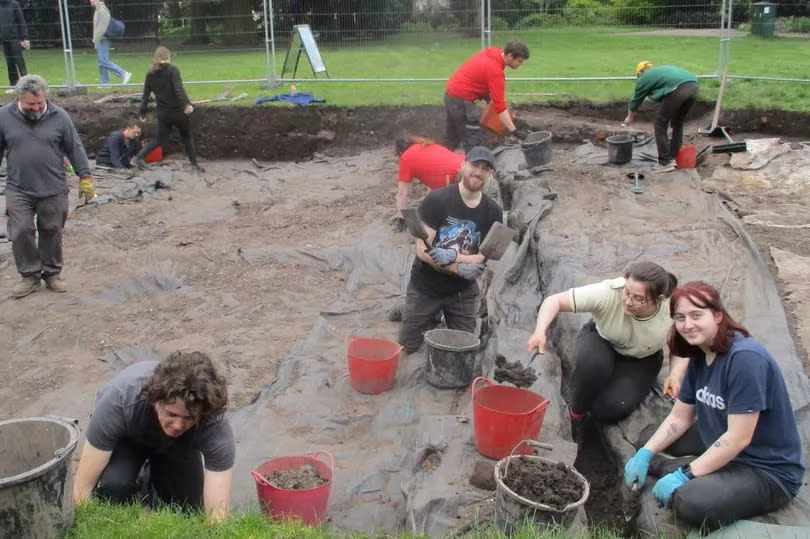 Chester University students dig at Grosvenor Park. Foreground (left-to-right): Iestyn, Sam, Niamh and Rosie -Credit:Cheshire West and Chester Council