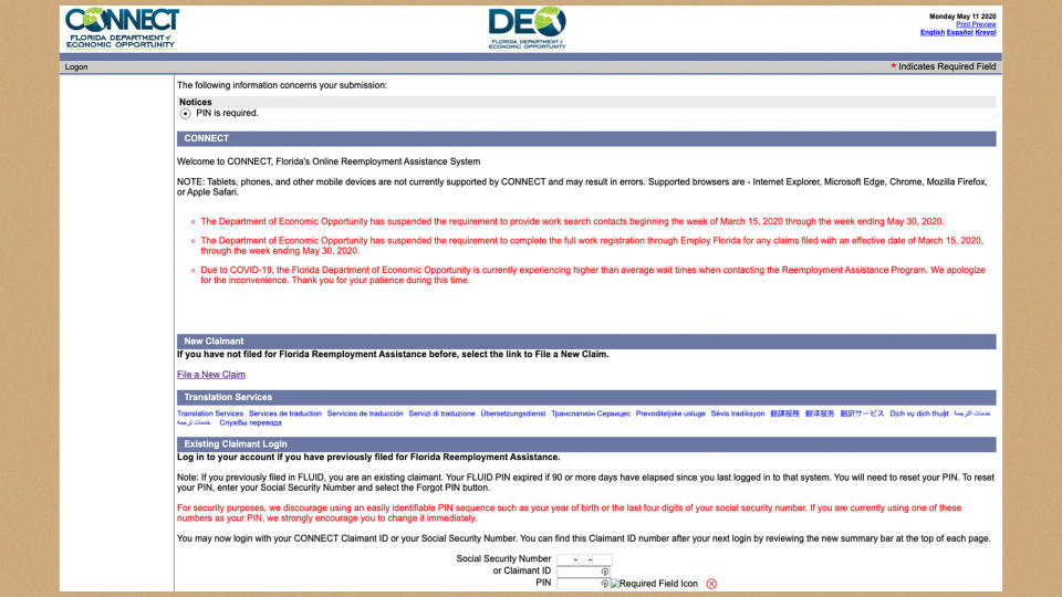 A screenshot of the Florida Department of Employment Opportunity site. (Photo: myflorida.com)